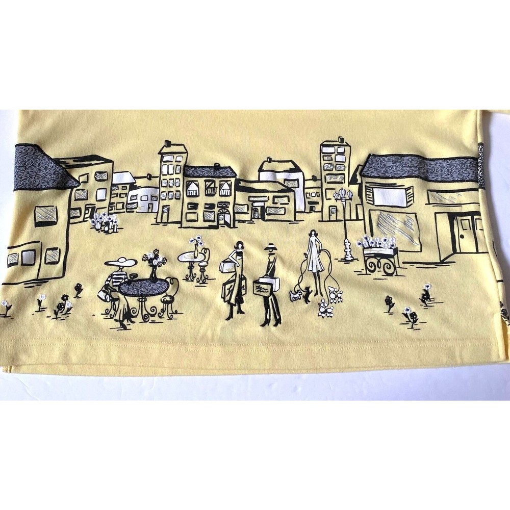 Koret Top Tee Women Large Yellow Multi Embellished Rhinestones Shopping Scenes - Picture 2 of 12